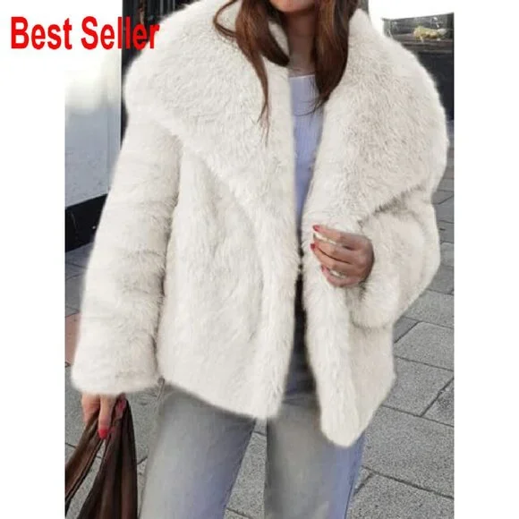 Faux Fur Coat Oversized Lapel Shaggy Winter Jacket Chic Fuzzy Outerwear - Picture 3 of 7